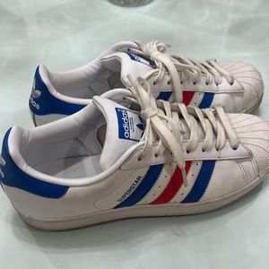 Adidas Superstars - white with blue and red stripe - size 8.5 men’s used